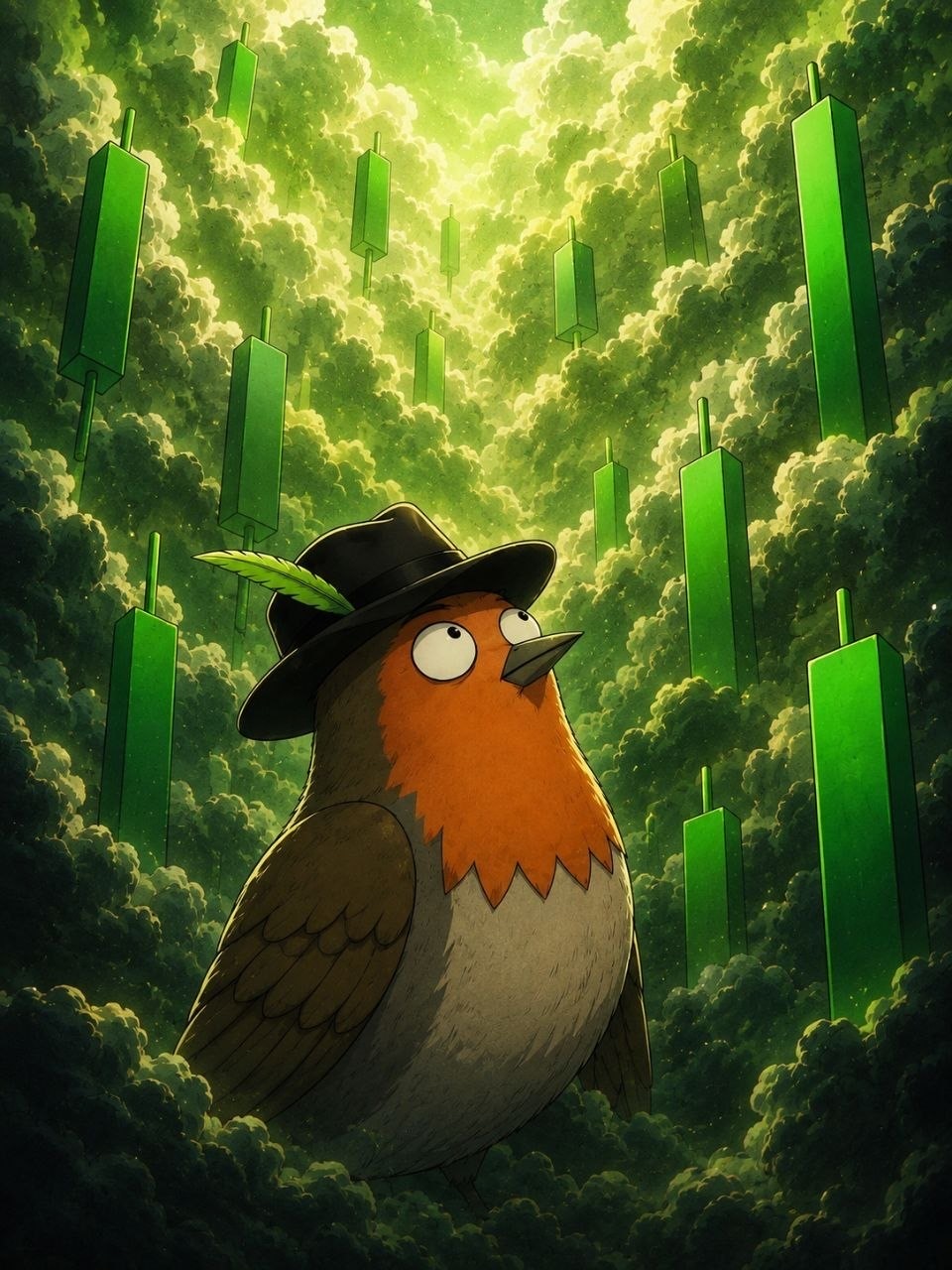 Robin under giant green candles in the clouds