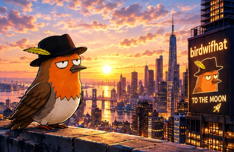 Robin on a rooftop over a golden city skyline at sunset