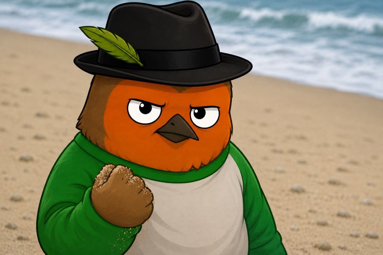 Robin on the beach in a green sweater