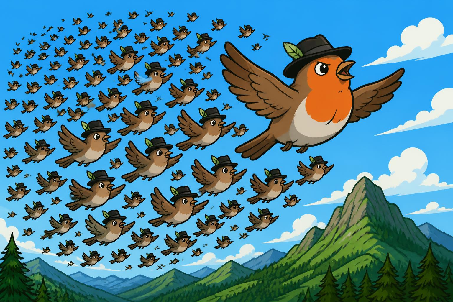 A whole flock of birds in tiny fedoras